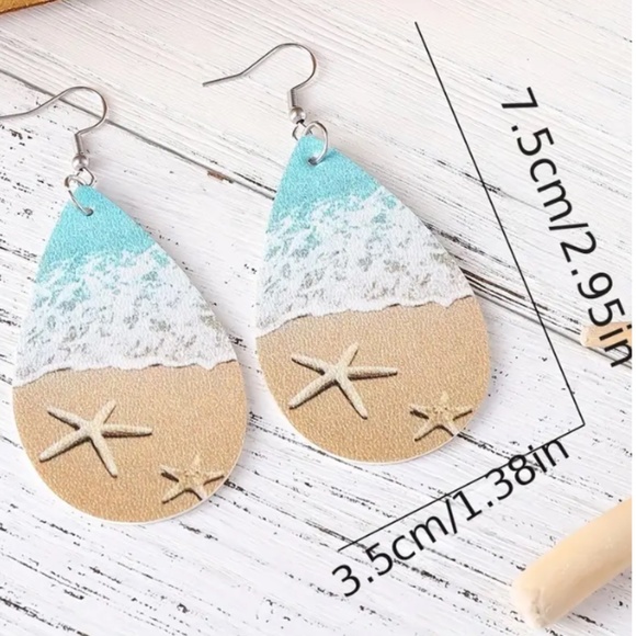 NEW FAUX LEATHER BEACH OCEAN SAND SEASHELLS DANGLE DROP LIGHTWEIGHT EARRINGS - Picture 3 of 6